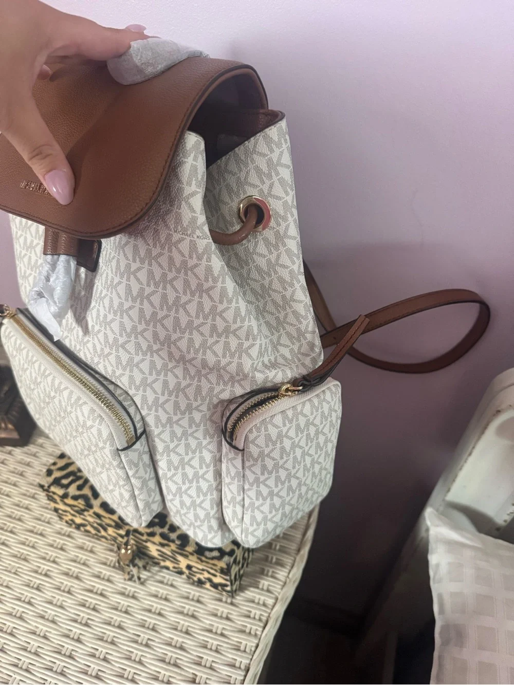 Michael Kors Cream and Brown MK Logo Backpack
